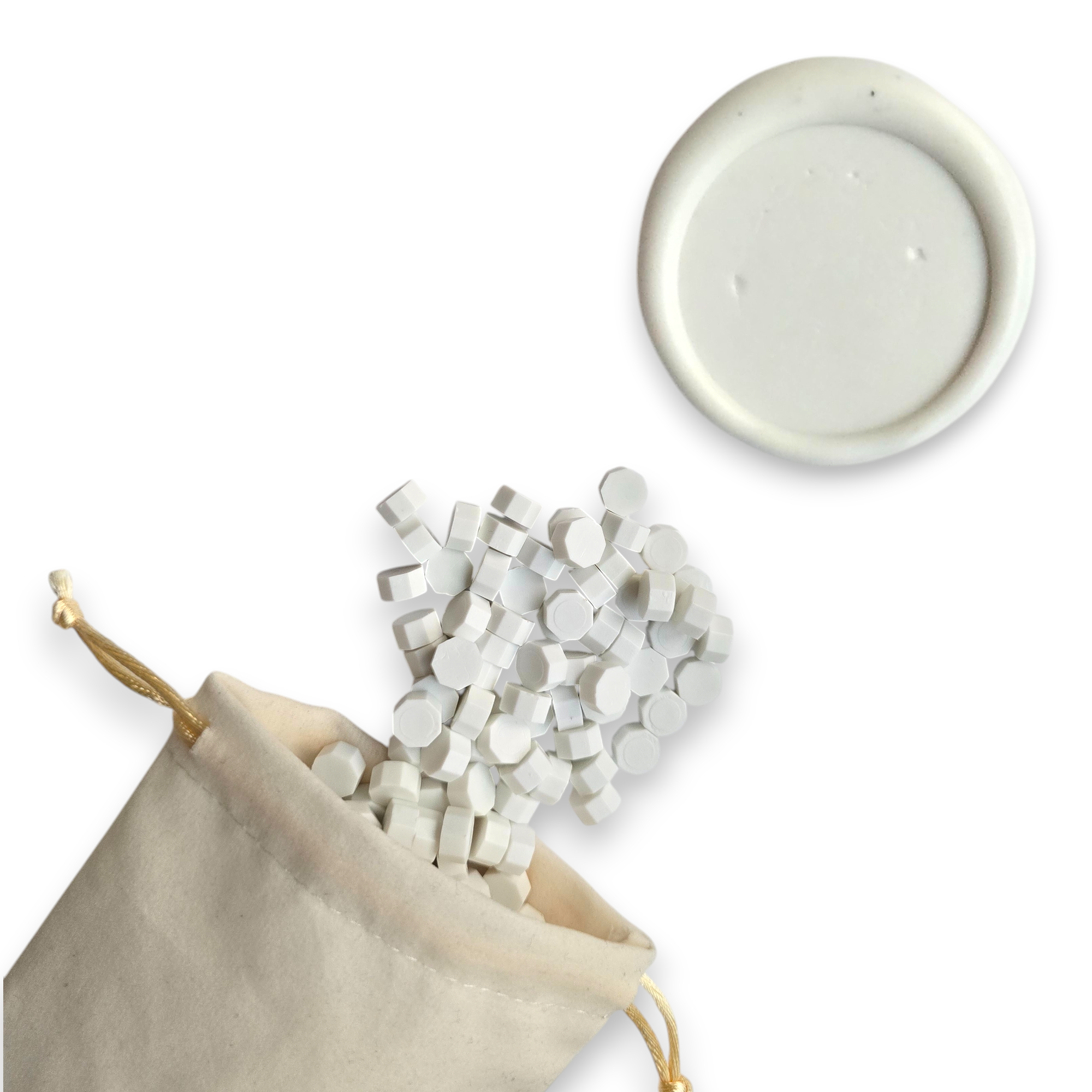 White wax beads spilling out of a beige drawstring bag onto a white background. In the top right corner is a blank wax seal in the showcasing the white colour option.