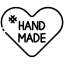 A black outline icon of a heart with the words "hand made" in the center on a transparent background